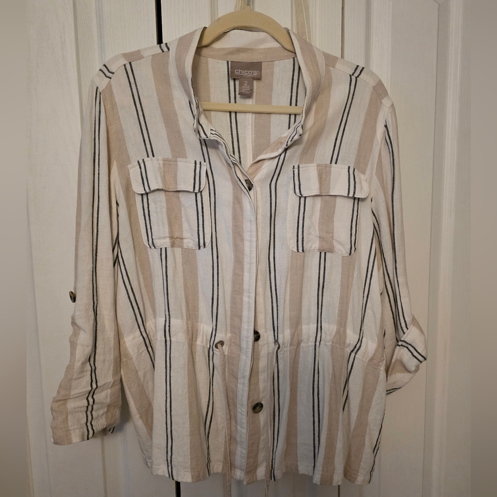 CHICO'S Linen Blend Black And Beige Striped Button Down Cinch Waist Top/Jacket